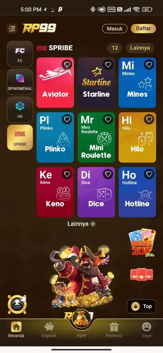 RP99 APK halaman utama permainan